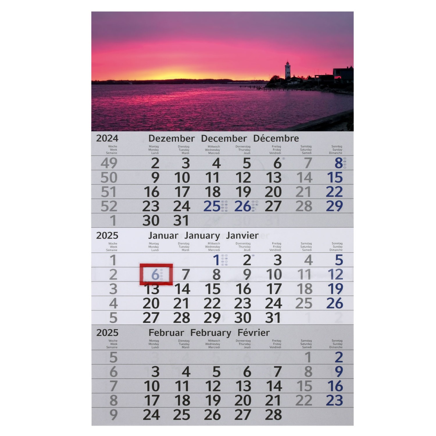 3-Monats-Kalender mit Druck Officekalender Bürokalender mit Ihrem Werbedruck (Grundfarbe Kalendarium: rot Größe der Kopflasche: 30 x 20 cm) blau