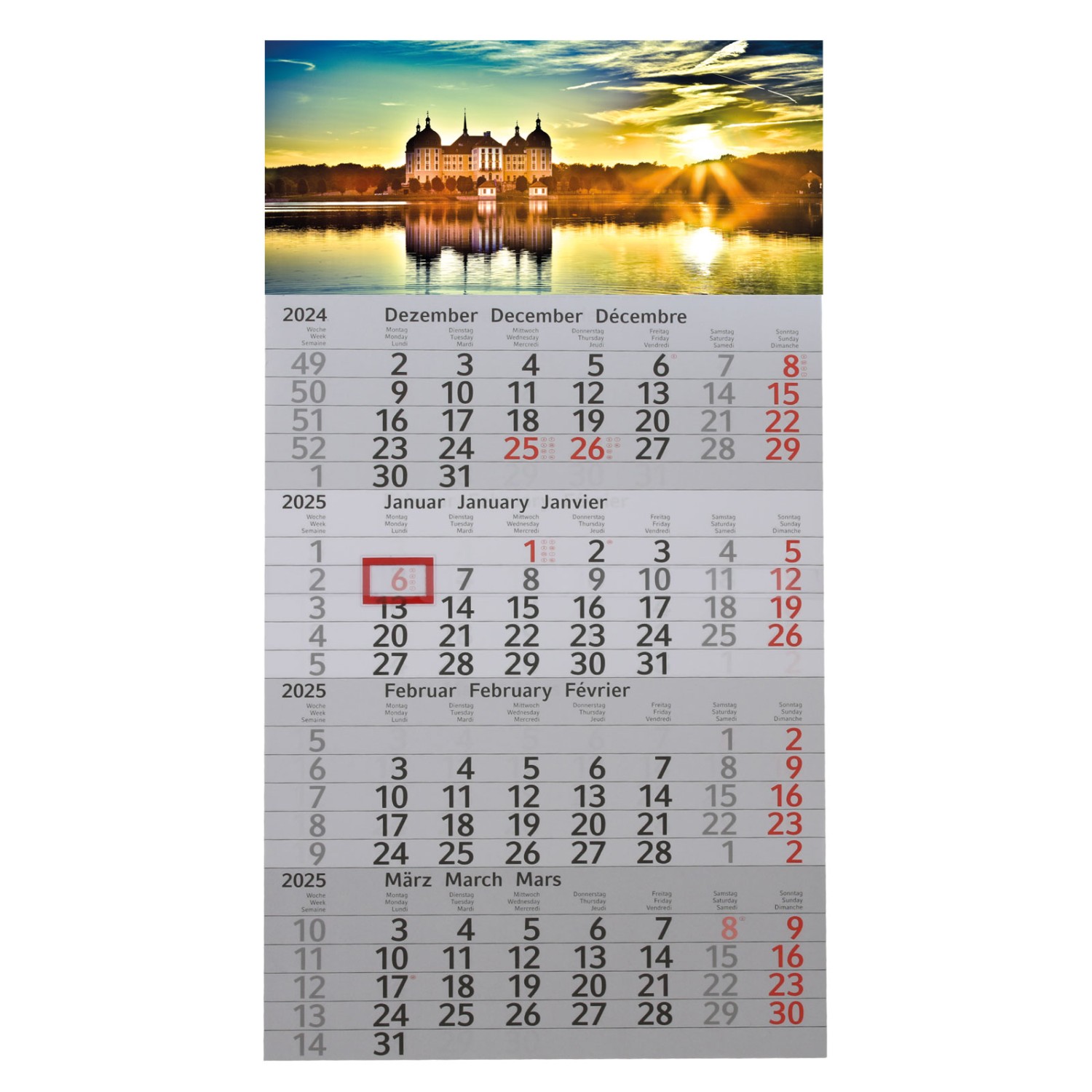 4 Monats Kalender mit Druck Firmeneindruck Logo Bürokalender (Grundfarbe Kalendarium: blau Größe der Kopflasche: 30 x 13,5 cm) rot