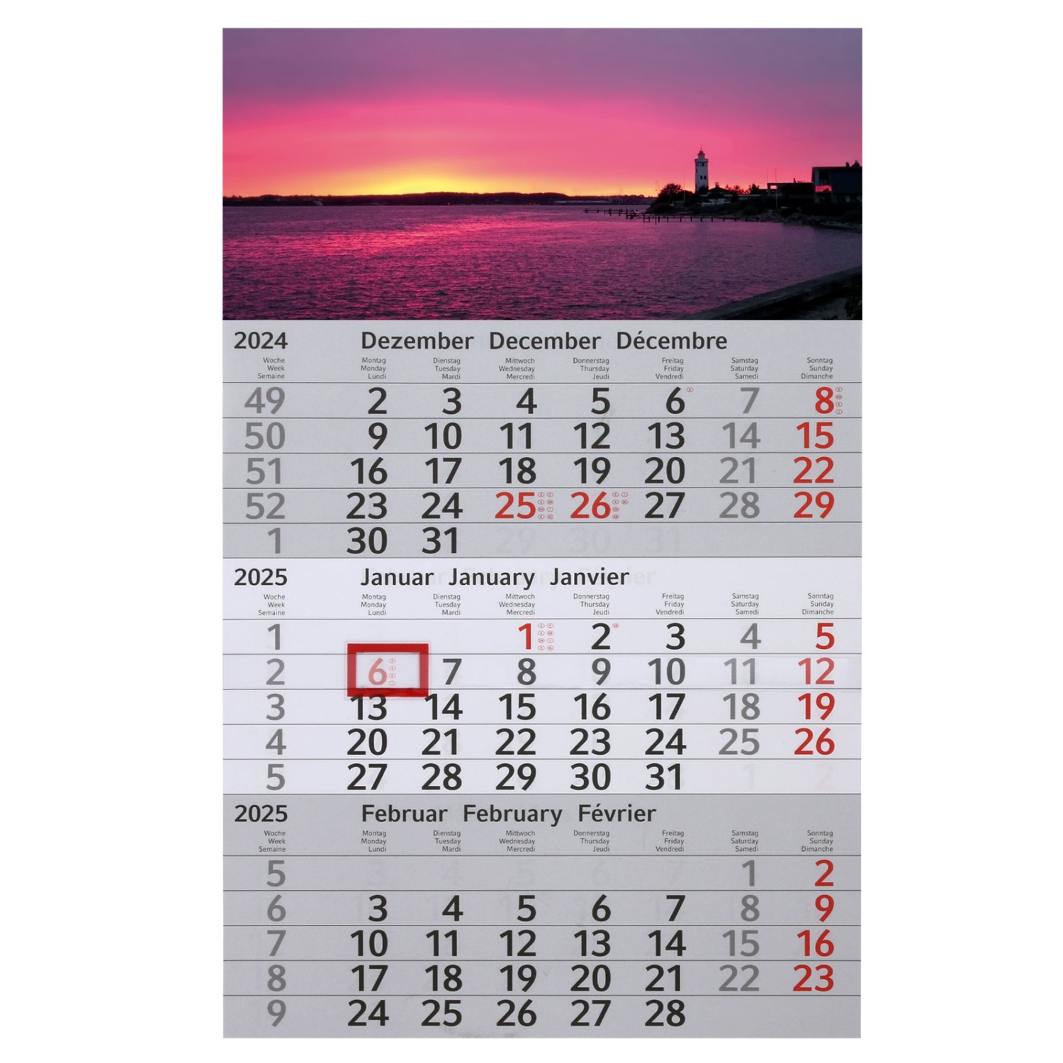 0. Foto 3-Monats-Kalender mit Druck Officekalender Bürokalender mit Ihrem Werbedruck (Grundfarbe Kalendarium: rot Größe der Kopflasche: 30 x 13,5 cm)